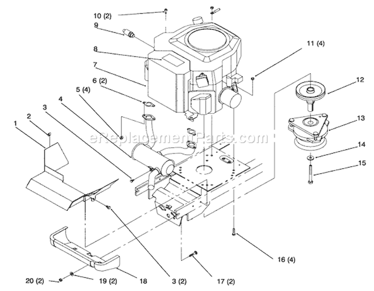 Twin Cylinder Engine, Muffler, And P.t.o. Diagram and Parts List for 72085 6900001-6999999 - 1996 Toro Lawn Tractor