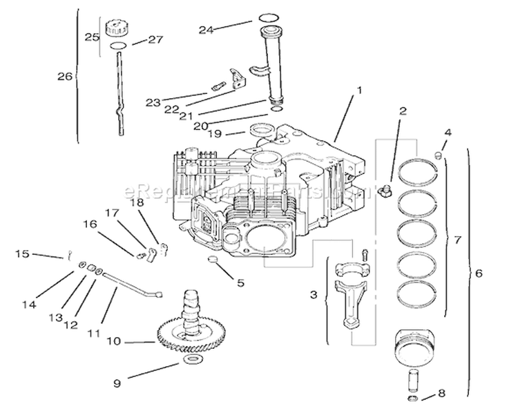 Crankcase Diagram and Parts List for 72085 7900001-7999999 - 1997 Toro Lawn Tractor