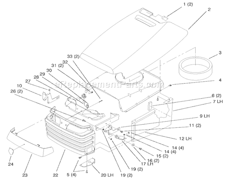Hood And Grill Diagram and Parts List for 72085 7900001-7999999 - 1997 Toro Lawn Tractor
