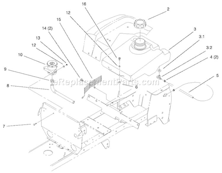 Fuel Tank & Hydro Reservoir Assembly Diagram and Parts List for 72086 9900001-9999999 - 1999 Toro Lawn Tractor