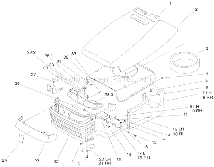 Hood & Grill Assembly Diagram and Parts List for 72087 200000001-200999999 - 2000 Toro Lawn Tractor