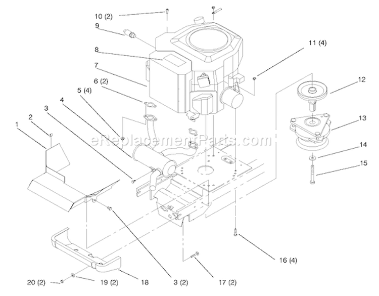 Twin Cyl. Engine, Muffler & PTO Assembly Diagram and Parts List for 72110 6900001-6999999 - 1996 Toro Lawn Tractor