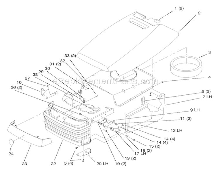 Hood And Grill Diagram and Parts List for 72110 8900001-8900599 - 1998 Toro Lawn Tractor