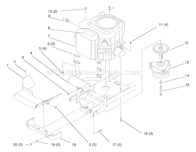 Twin Cyl. Engine, Muffler & PTO Assembly Diagram and Parts List for 72110 8900001-8900599 - 1998 Toro Lawn Tractor