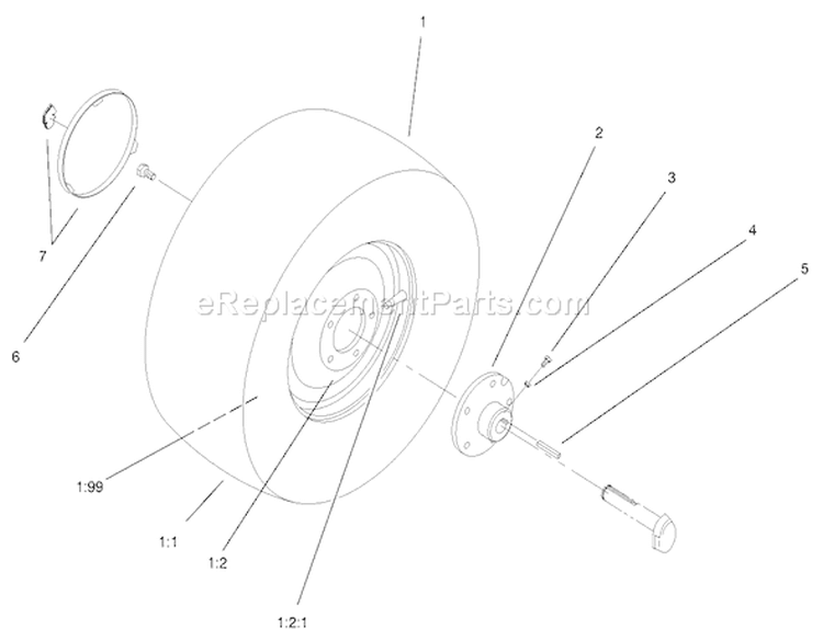 Rear Wheel Assembly Diagram and Parts List for 72115 9900001-9999999 - 1999 Toro Lawn Tractor