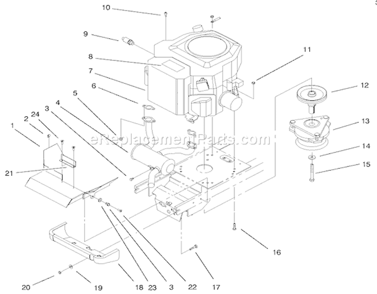 Twin Cyl. Engine, Muffler & PTO Assembly Diagram and Parts List for 72115 9900001-9999999 - 1999 Toro Lawn Tractor