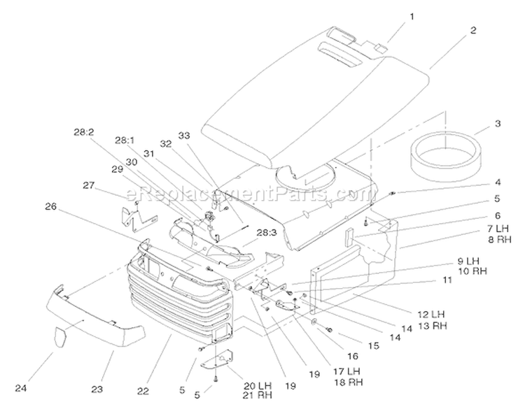 Hood & Grill Assembly Diagram and Parts List for 72108 200000001-200999999 - 2000 Toro Lawn Tractor