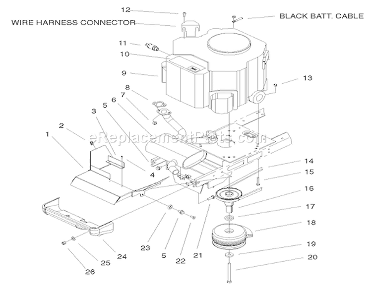 Twin Cyl. Engine, Muffler & PTO Assembly Diagram and Parts List for 72108 200000001-200999999 - 2000 Toro Lawn Tractor
