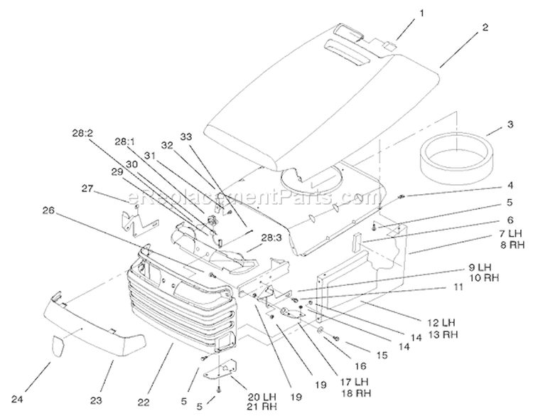 Hood And Grill Assembly Diagram and Parts List for 72108 220000001-220999999 - 2002 Toro Lawn Tractor