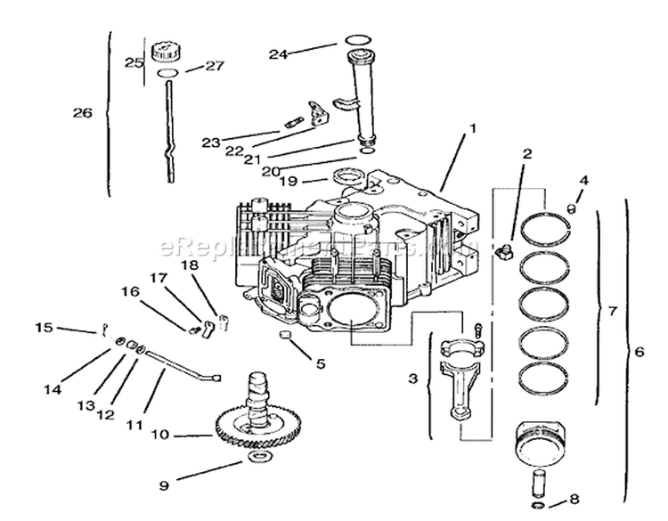 Crankcase Diagram and Parts List for 72116 230000001-230999999 - 2003 Toro Lawn Tractor