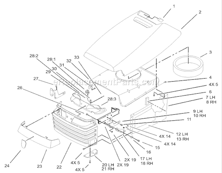 Hood and Grill Assembly Diagram and Parts List for 72116 230000001-230999999 - 2003 Toro Lawn Tractor