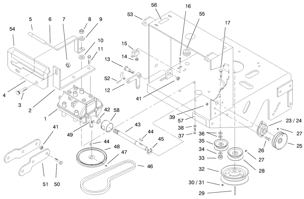 Transmission, Pulleys And Drive Belt Diagram and Parts List for 30197 990001 - 999999 Toro Lawn Mower