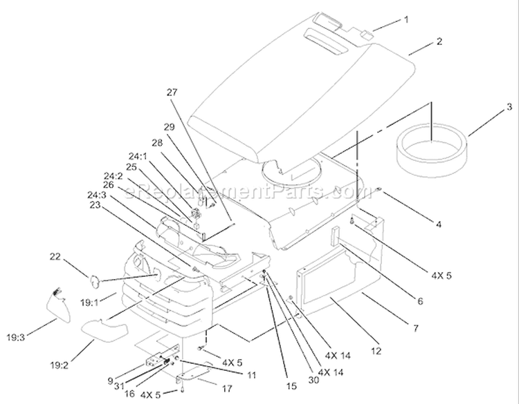 Hood and Grill Assembly Diagram and Parts List for 72200 230000001-230999999 - 2003 Toro Lawn Tractor