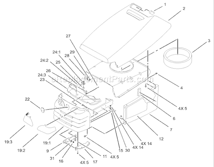 Hood and Grill Assembly Diagram and Parts List for 72201 230000001-230999999 - 2003 Toro Lawn Tractor