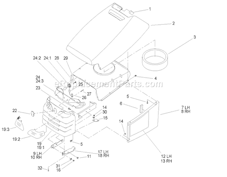Hood and Grill Assembly Diagram and Parts List for 72202 240000001-240999999 - 2004 Toro Lawn Tractor