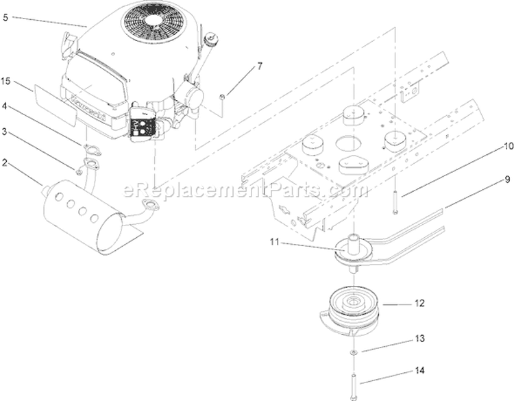 Engine, Muffler and PTO Assembly Diagram and Parts List for 72212 250000001-250999999 - 2005 Toro Lawn Tractor