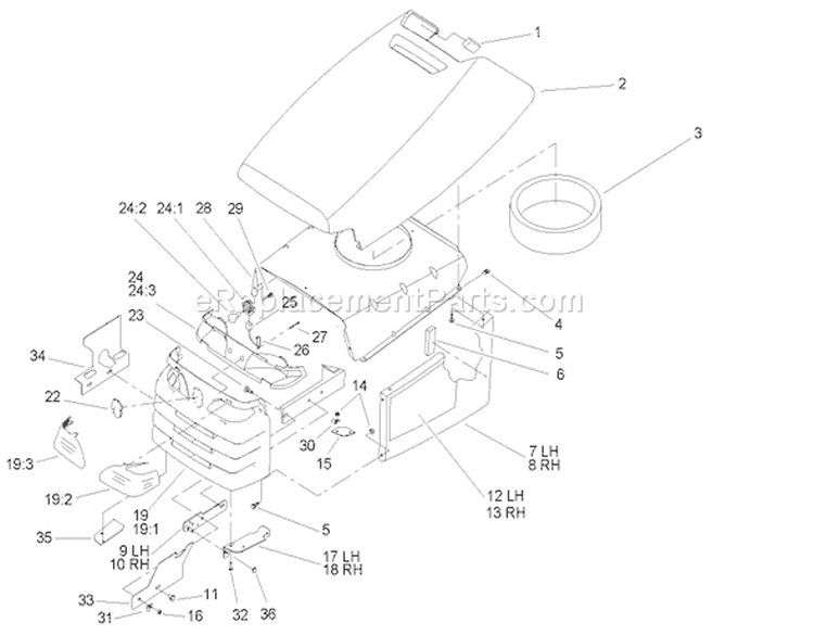 Hood and Grill Assembly Diagram and Parts List for 72212 250000001-250999999 - 2005 Toro Lawn Tractor
