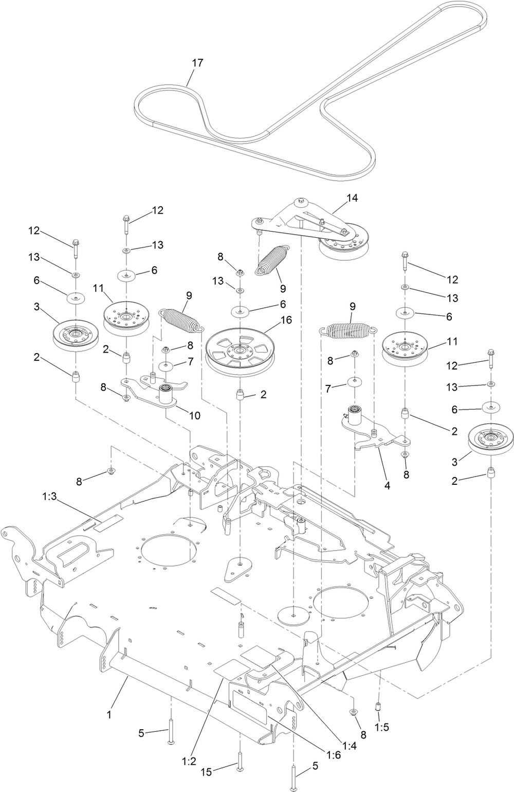 Center Deck Belt Drive Assembly Diagram and Parts List for 74090 410000000 - 412999999 Toro Lawn Tractor