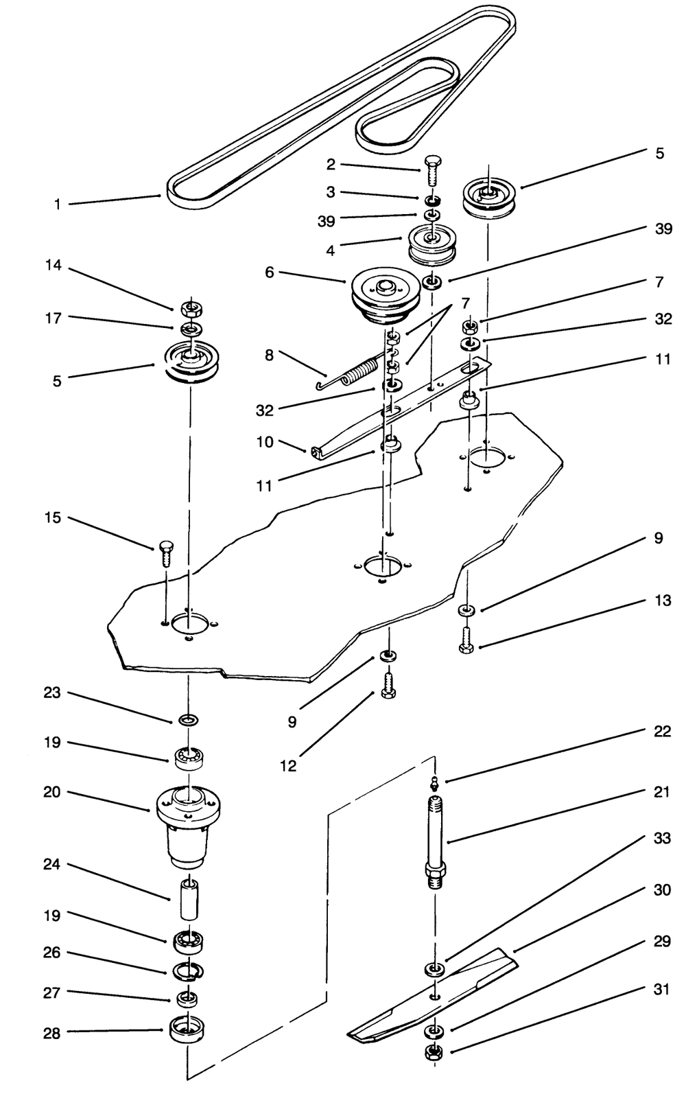 Belt & Spindle Assembly Diagram and Parts List for 78360 4900001 - 4999999 Toro Lawn Mower
