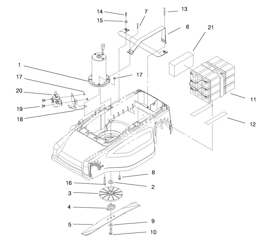 Motor, Batteries And Blade Assembly Diagram and Parts List for 20650 89000001 - 89999999 Toro Lawn Mower