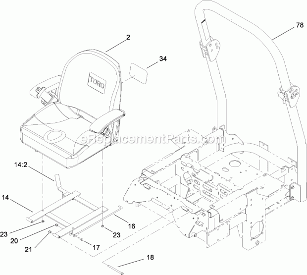 Seat And Roll-Over Protection System Assembly Diagram and Parts List for 74283 280000001-280999999 Toro Lawn Mower