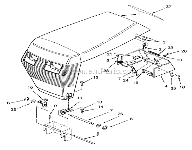 Hood Assembly Diagram and Parts List for 73380 3900001-3999999 - 1993 Toro Lawn Tractor