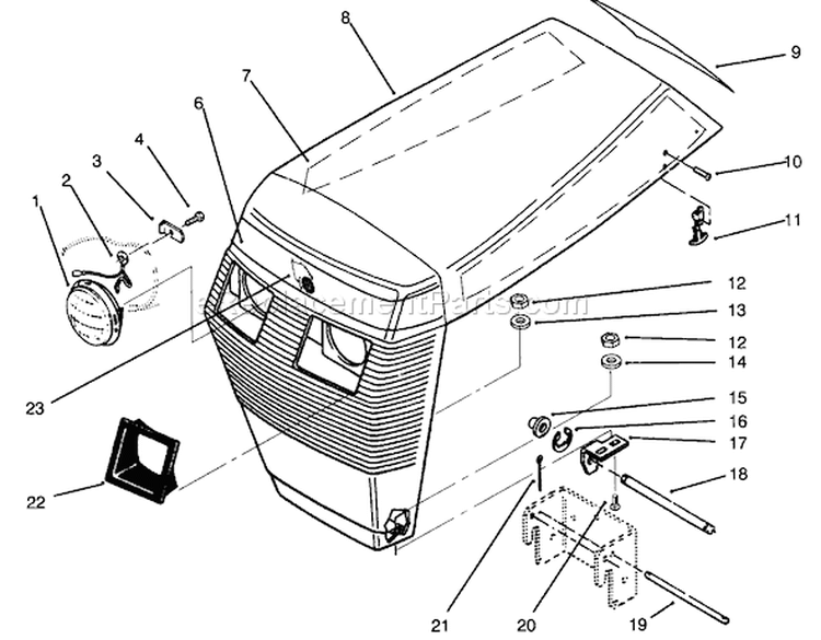 Hood Assembly Diagram and Parts List for 73380 4900001-4999999 - 1994 Toro Lawn Tractor