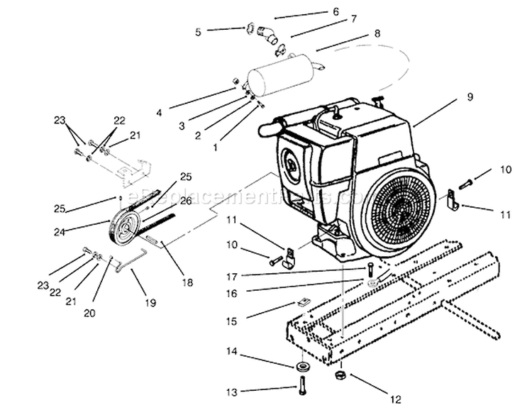 Engine, Muffler, Pulley & Drive Belt Diagram and Parts List for 73401 5900001-5900260 - 1995 Toro Lawn Tractor