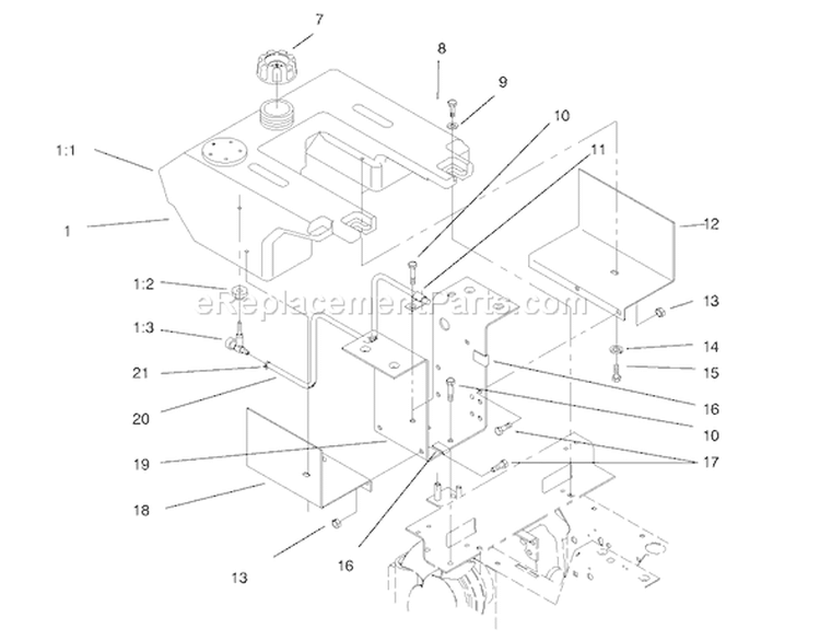 Fuel Tank Assembly Diagram and Parts List for 73403 7900001-7999999 - 1997 Toro Lawn Tractor