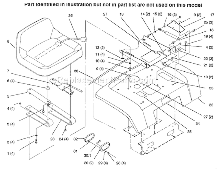 Fender, Seat Diagram and Parts List for 73423 6900001-6999999 - 1996 Toro Lawn Tractor