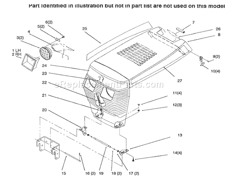 Hood And Grille Diagram and Parts List for 73423 6900001-6999999 - 1996 Toro Lawn Tractor