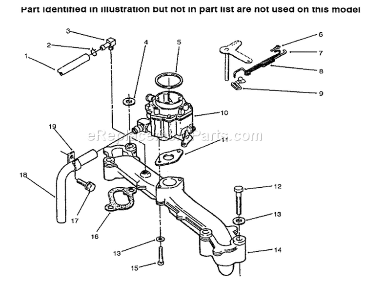 IntakeManifold & Carburetor Diagram and Parts List for 73423 6900001-6999999 - 1996 Toro Lawn Tractor