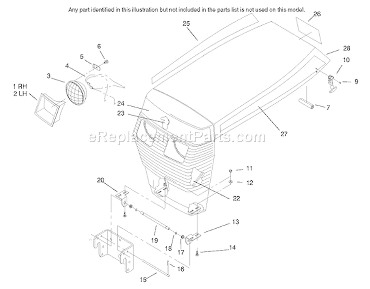 Hood Assembly Diagram and Parts List for 73428 8900500-8999999 - 1998 Toro Lawn Tractor