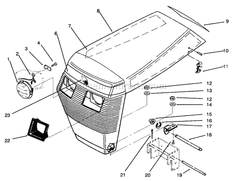 Hood Assembly Diagram and Parts List for 73440 5900223-5999999 - 1995 Toro Lawn Tractor