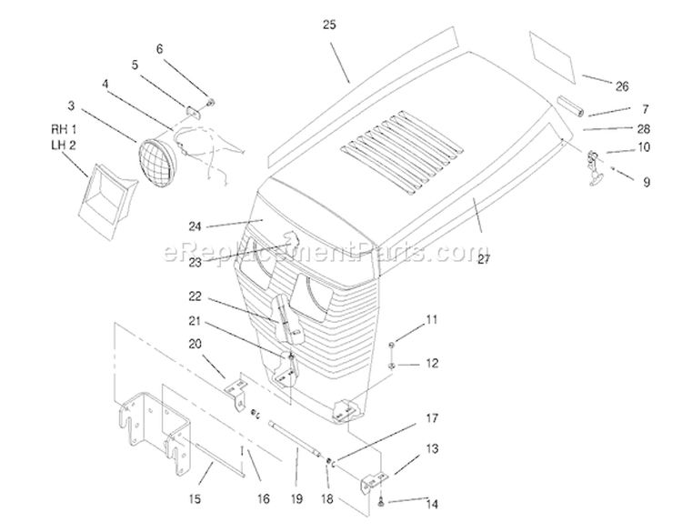 Hood Assembly Diagram and Parts List for 73441 7900001-7999999 - 1997 Toro Lawn Tractor