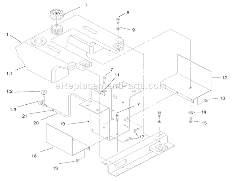 Fuel Tank Assembly Diagram and Parts List for 73448 8900500-8999999 - 1998 Toro Lawn Tractor