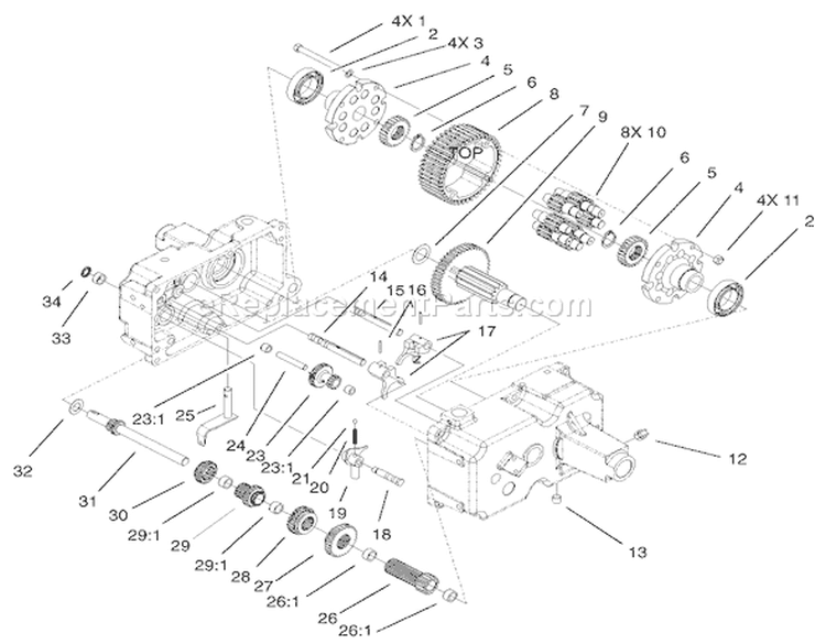 Transmission Gear Assembly Diagram and Parts List for 73450 220000001-220999999 - 2002 Toro Lawn Tractor