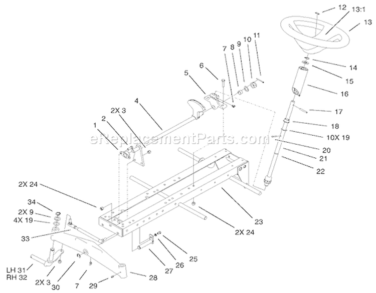 Frame, Axle and Steering System Diagram and Parts List for 73450 220000001-220999999 - 2002 Toro Lawn Tractor