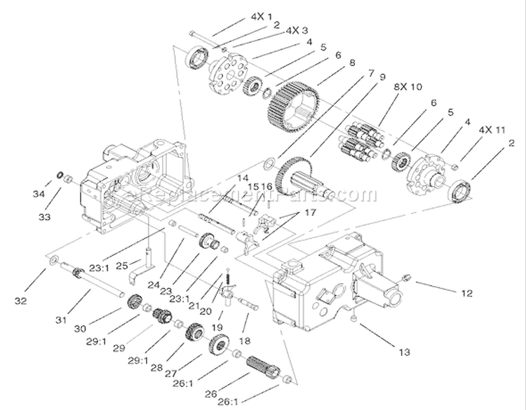 Transmission Gear Assembly Diagram and Parts List for 73450 240000001-240999999 - 2004 Toro Lawn Tractor