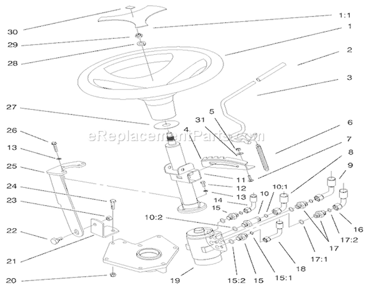 Power Steering And Tilt Assembly Diagram and Parts List for 73560 8900001-8999999 - 1998 Toro Lawn Tractor