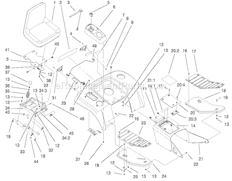 Fender, Footrest And Seat Assembly Diagram and Parts List for 73561SEI 200000001-200999999 - 2000 Toro Lawn Tractor