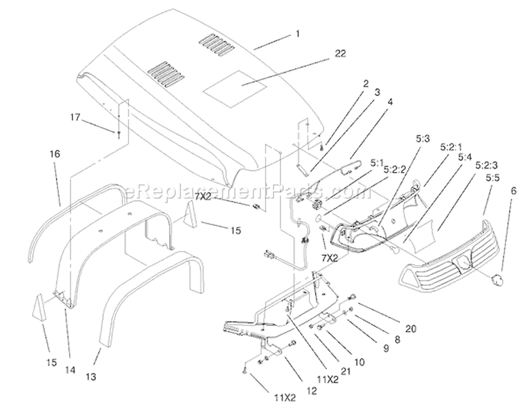 Hood And Headlight Assembly Diagram and Parts List for 73561SEI 200000001-200999999 - 2000 Toro Lawn Tractor