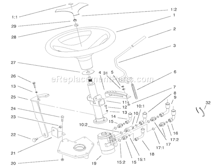 Power Steering And Tilt Assembly Diagram and Parts List for 73561SEI 200000001-200999999 - 2000 Toro Lawn Tractor