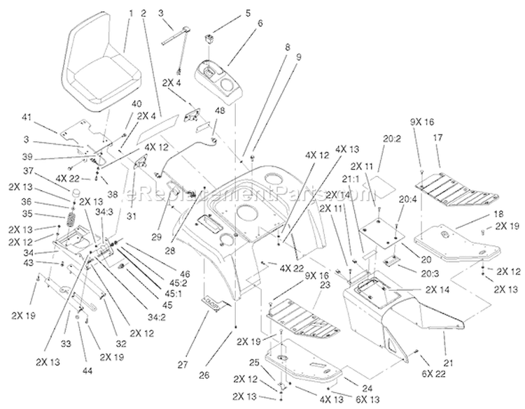 Fender, Footrest & Seat Assembly Diagram and Parts List for 73561 220000001-220999999 - 2002 Toro Lawn Tractor