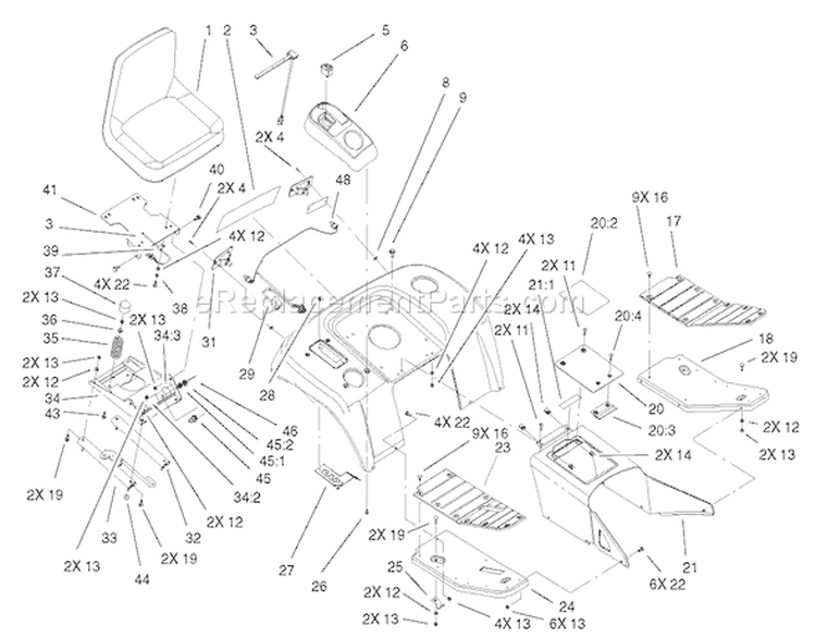 Fender, Footrest & Seat Assembly Diagram and Parts List for 73561 240000001-240999999 - 2004 Toro Lawn Tractor