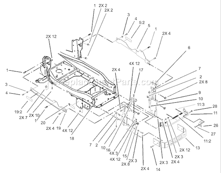 Bumper and Hood Support Assembly Diagram and Parts List for 73542 230000001-230999999 - 2003 Toro Lawn Tractor