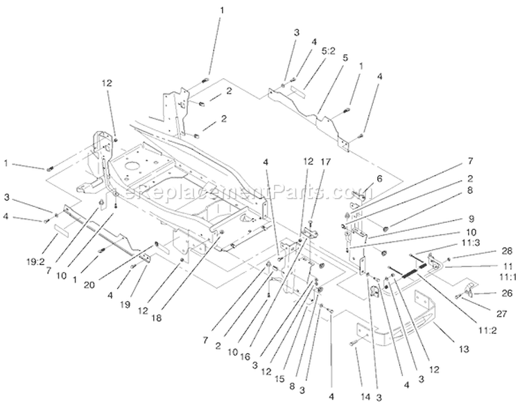 Bumper & Hood Support Assembly Diagram and Parts List for 73561 000000001-000999999 - 2000 Toro Lawn Tractor