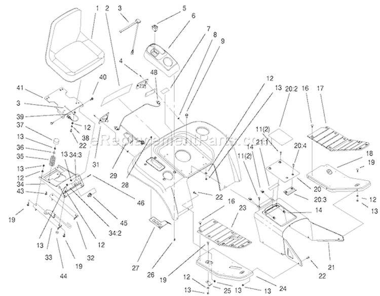 Fender, Footrest and Seat Diagram and Parts List for 73547 200000242-200999999 - 2000 Toro Lawn Tractor