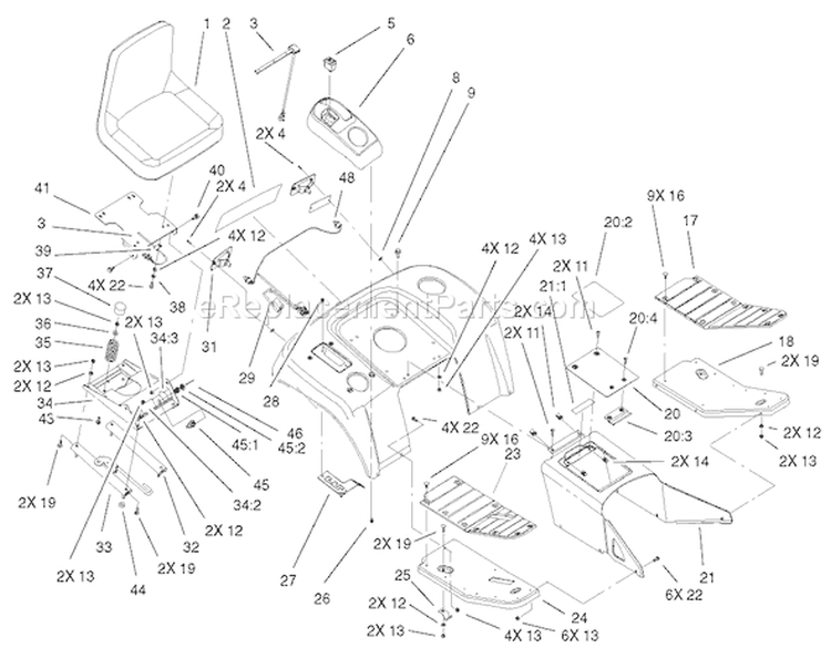 Fender, Footrest & Seat Assembly Diagram and Parts List for 73580 210000001-210999999 - 2001 Toro Lawn Tractor