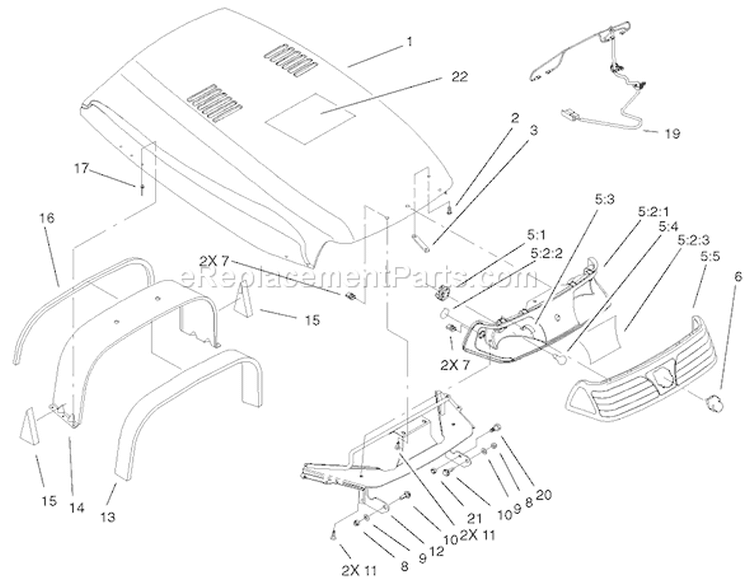 Hood & Headlight Assembly Diagram and Parts List for 73580 210000001-210999999 - 2001 Toro Lawn Tractor